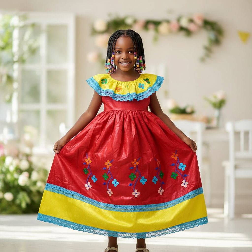 Robe enfant fille rouge jaune bazin riche brodée