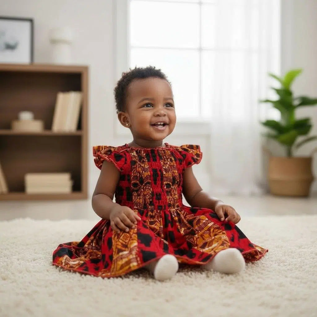 Robe enfant wax rouge noire coton motifs africains