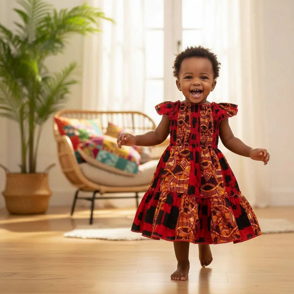 Robe enfant wax rouge noire coton motifs africains