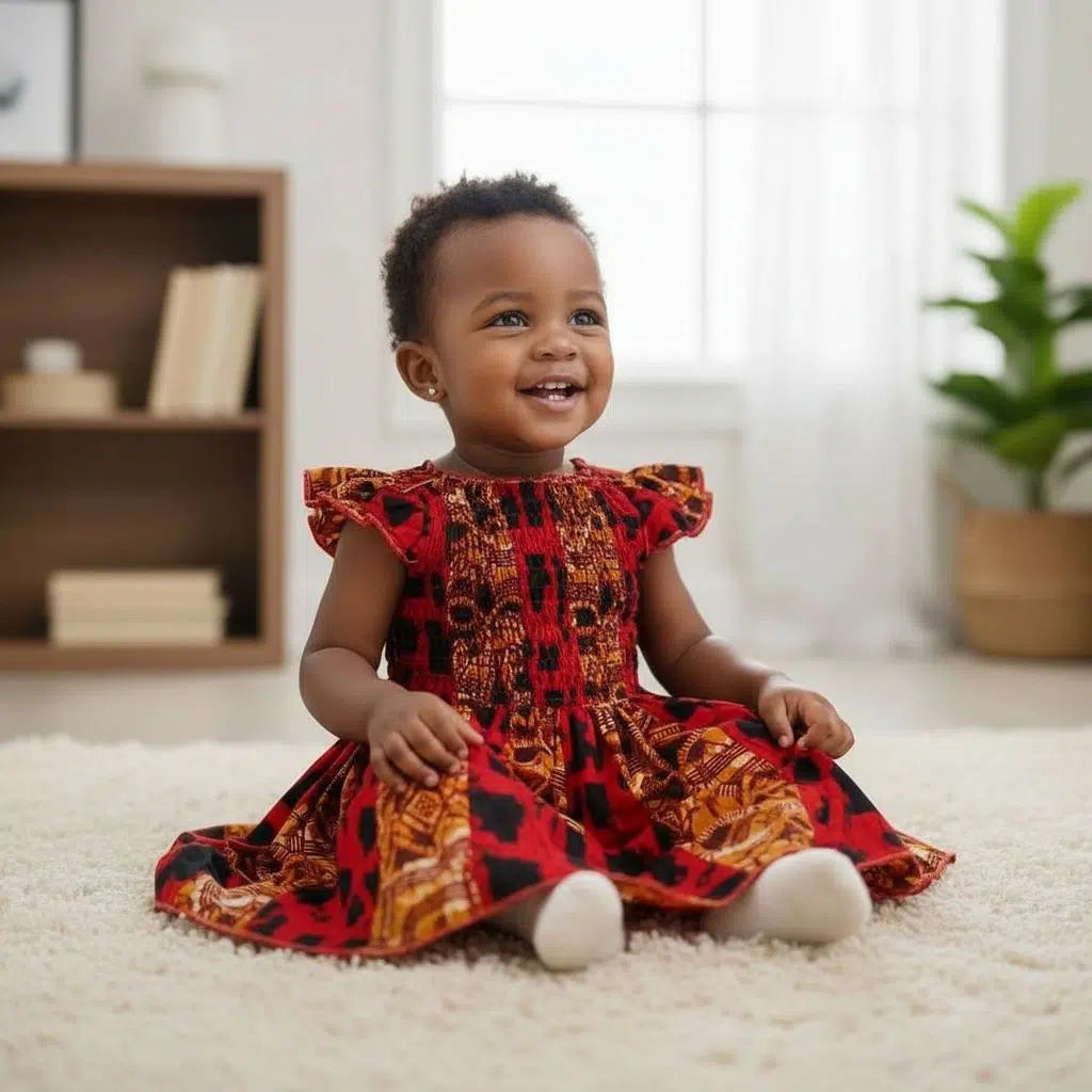 Robe enfant wax rouge noire coton motifs africains