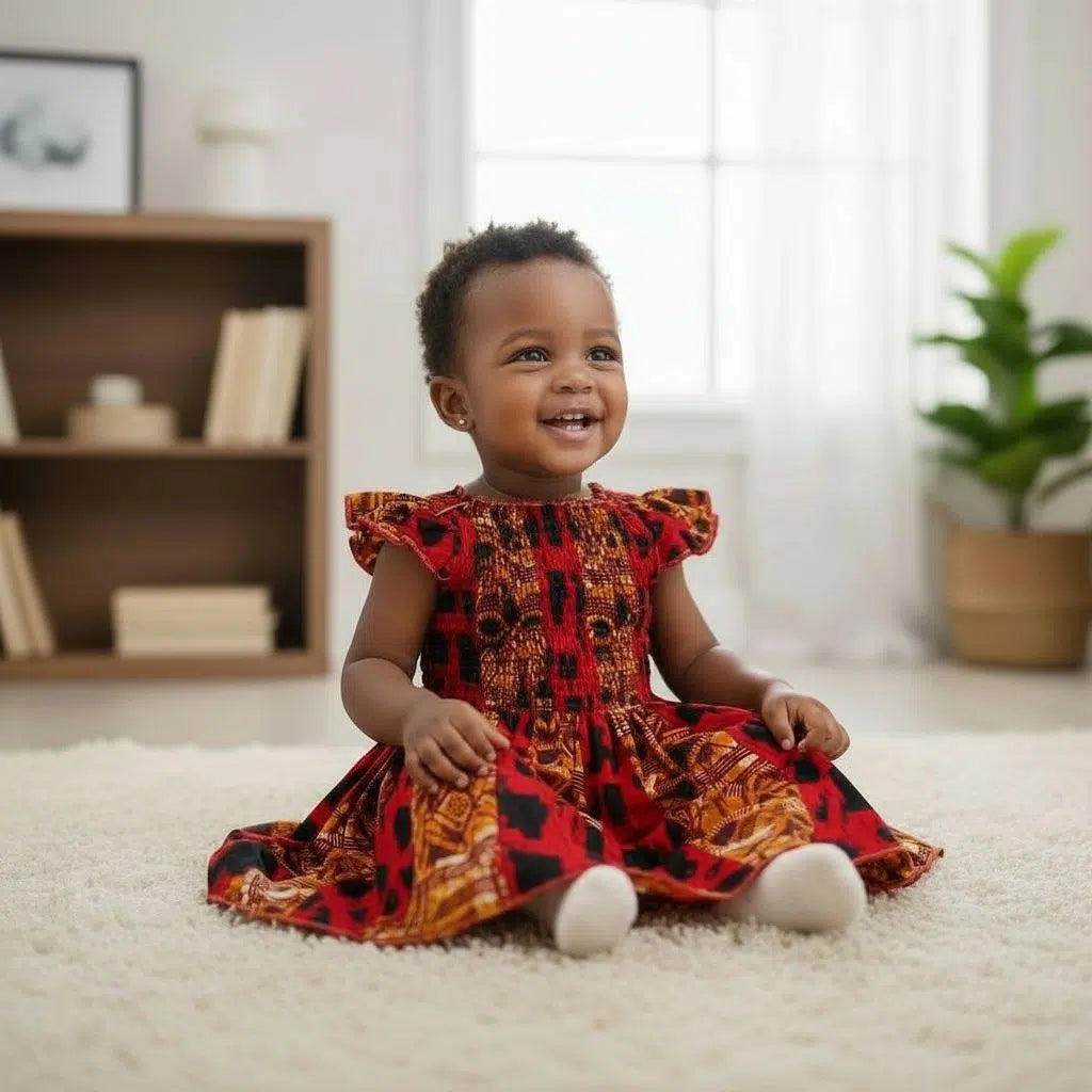Robe enfant wax rouge noire coton motifs africains