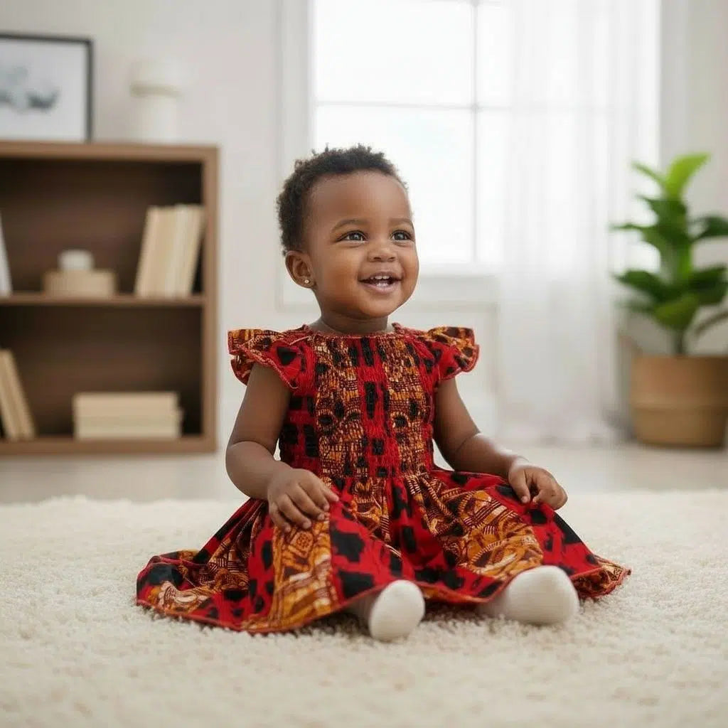 Robe enfant wax rouge noire coton motifs africains