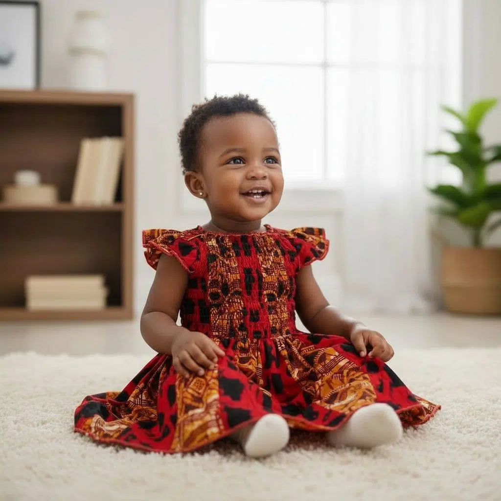Robe enfant wax rouge noire coton motifs africains