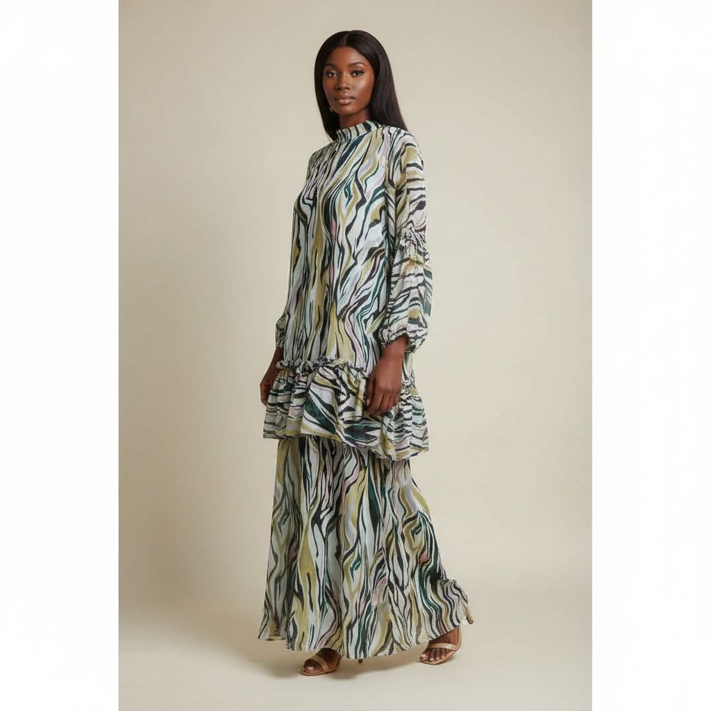 Robe femme blanche verte fleurette bohème chic été élégante manches longues