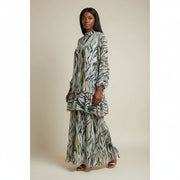 Robe femme blanche verte fleurette bohème chic été élégante manches longues