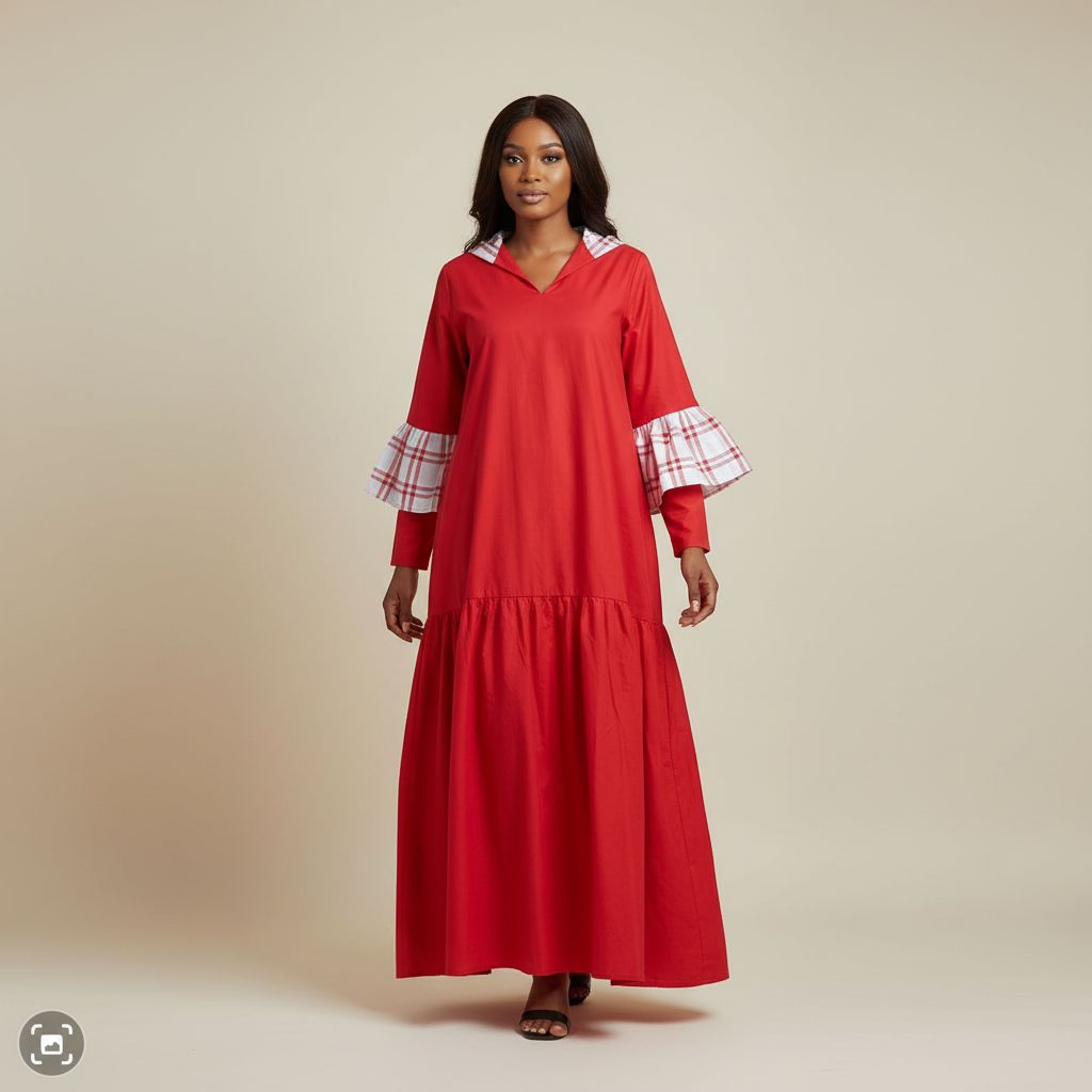 Robe femme coton rouge blanc longue chic décontractée manches 3/4