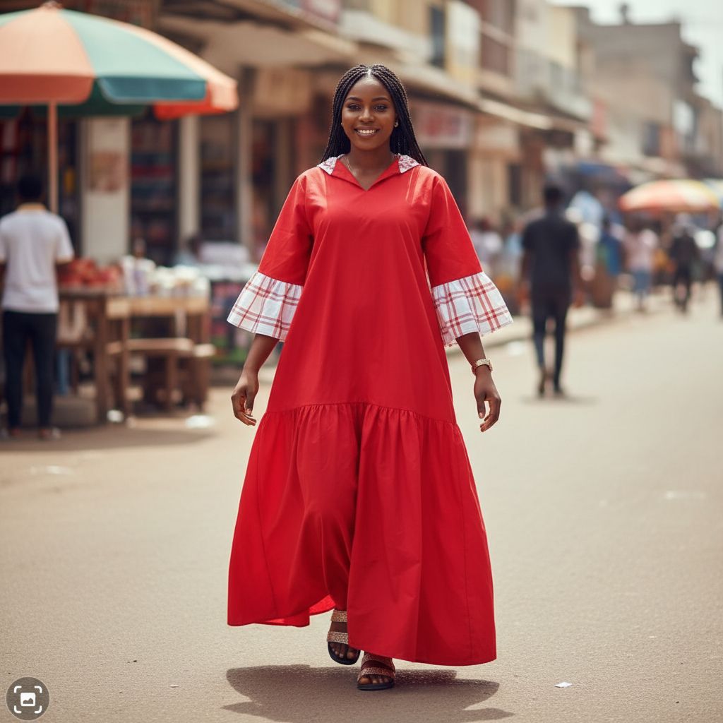 Robe femme coton rouge blanc longue chic décontractée manches 3/4