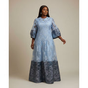 Robe femme dentelle bleu élégante, organza, manches longues cérémonie