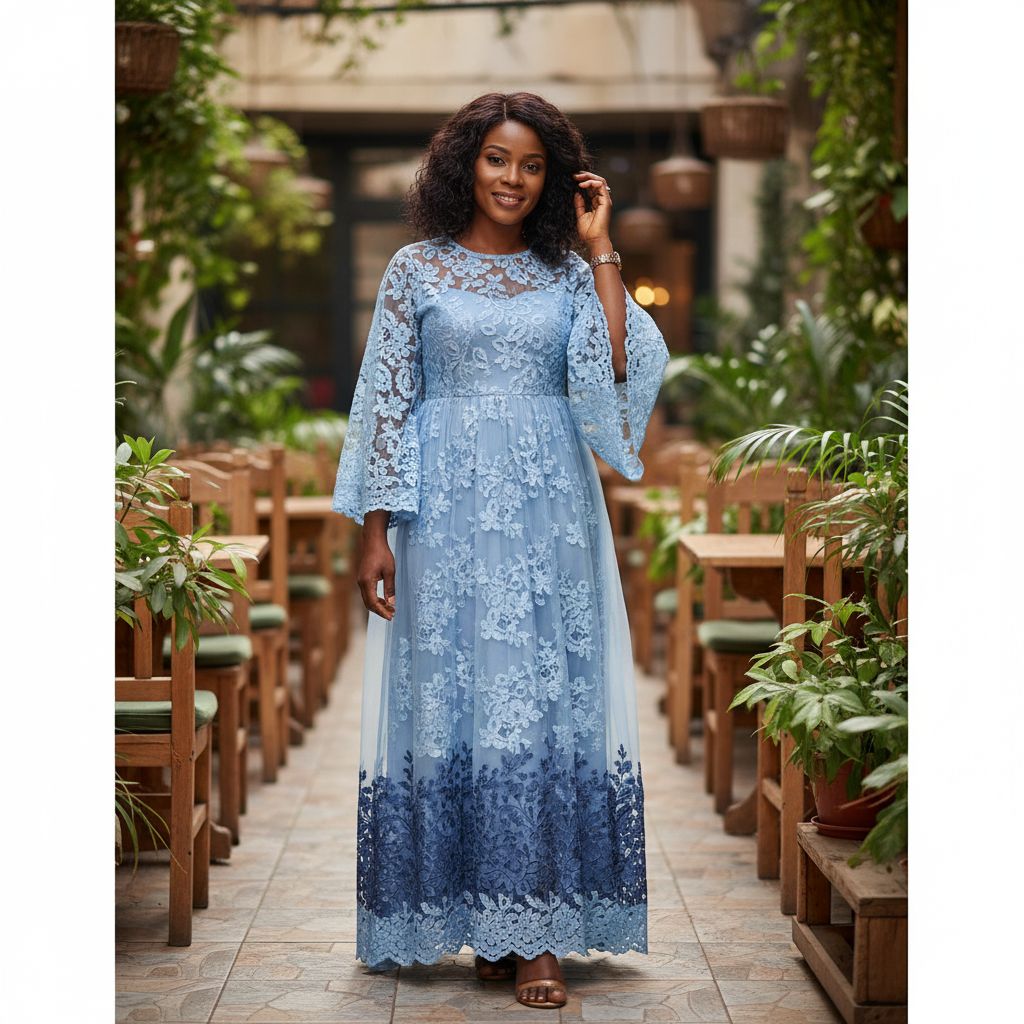 Robe femme dentelle bleu élégante, organza, manches longues cérémonie