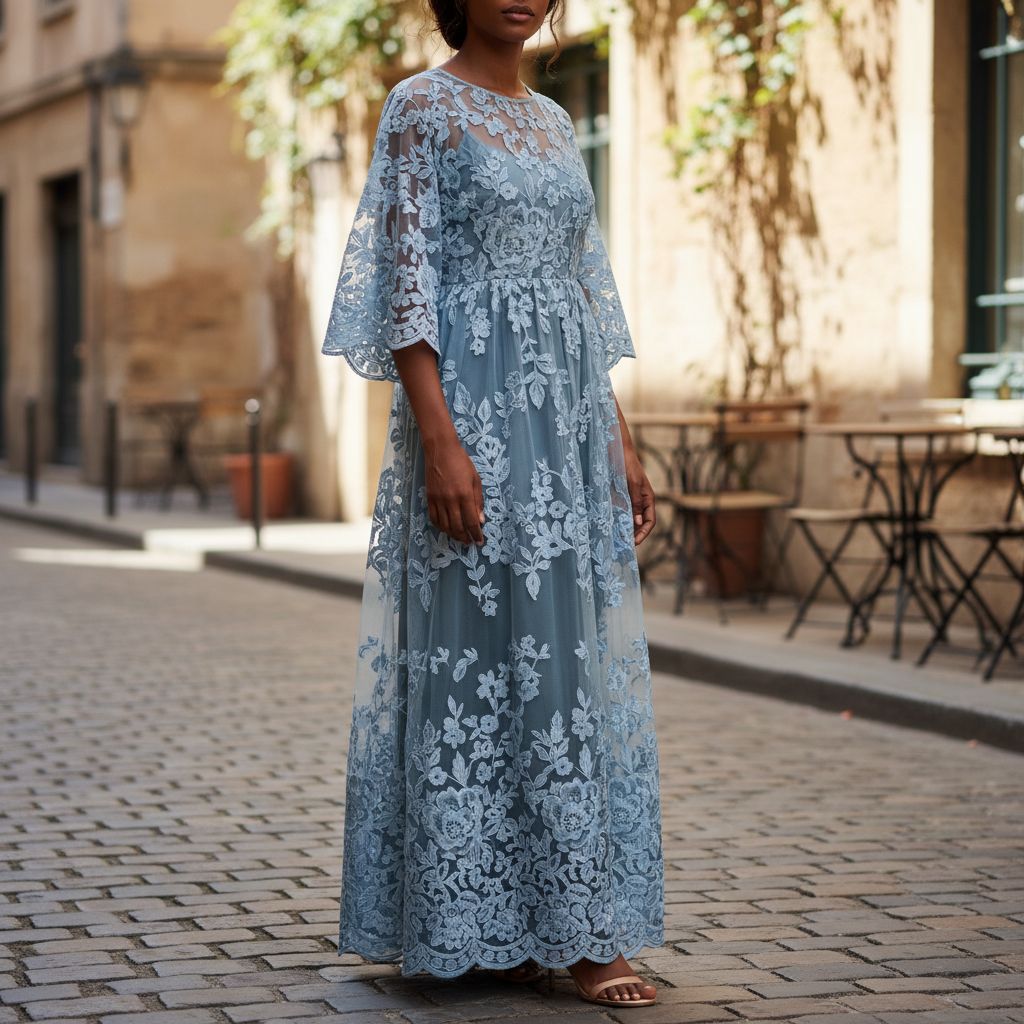 Robe femme dentelle bleu élégante, organza, manches longues cérémonie