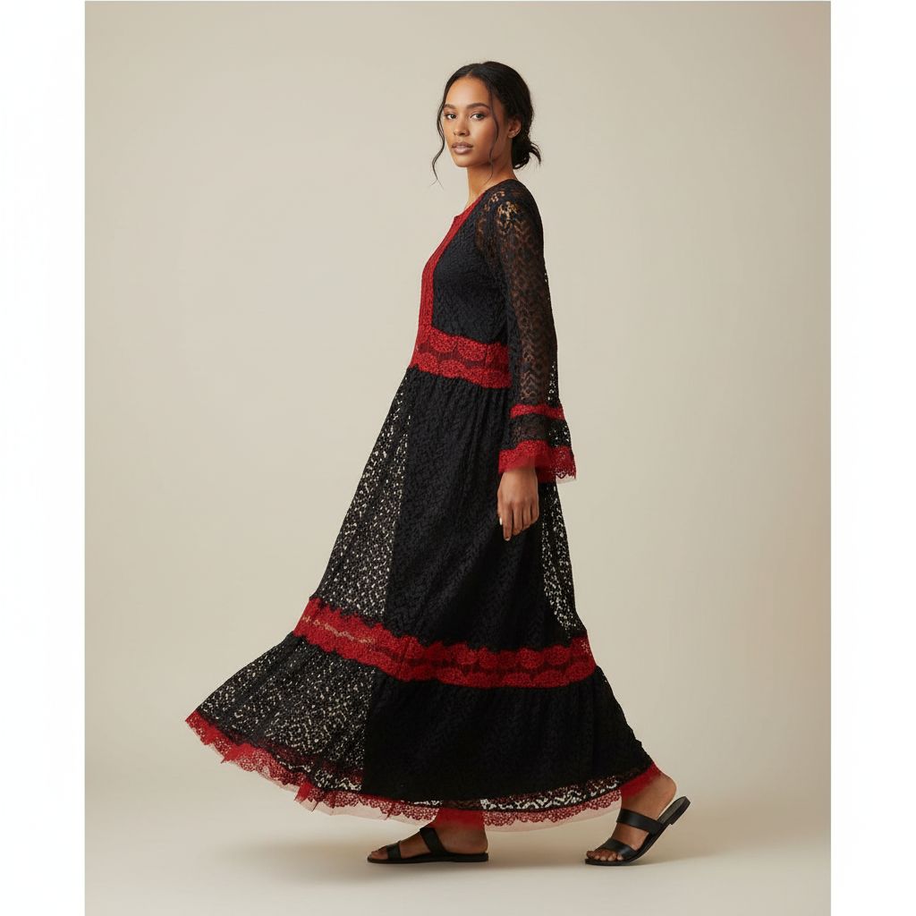 Robe femme dentelle noire rouge longue élégante soirée chic bohème