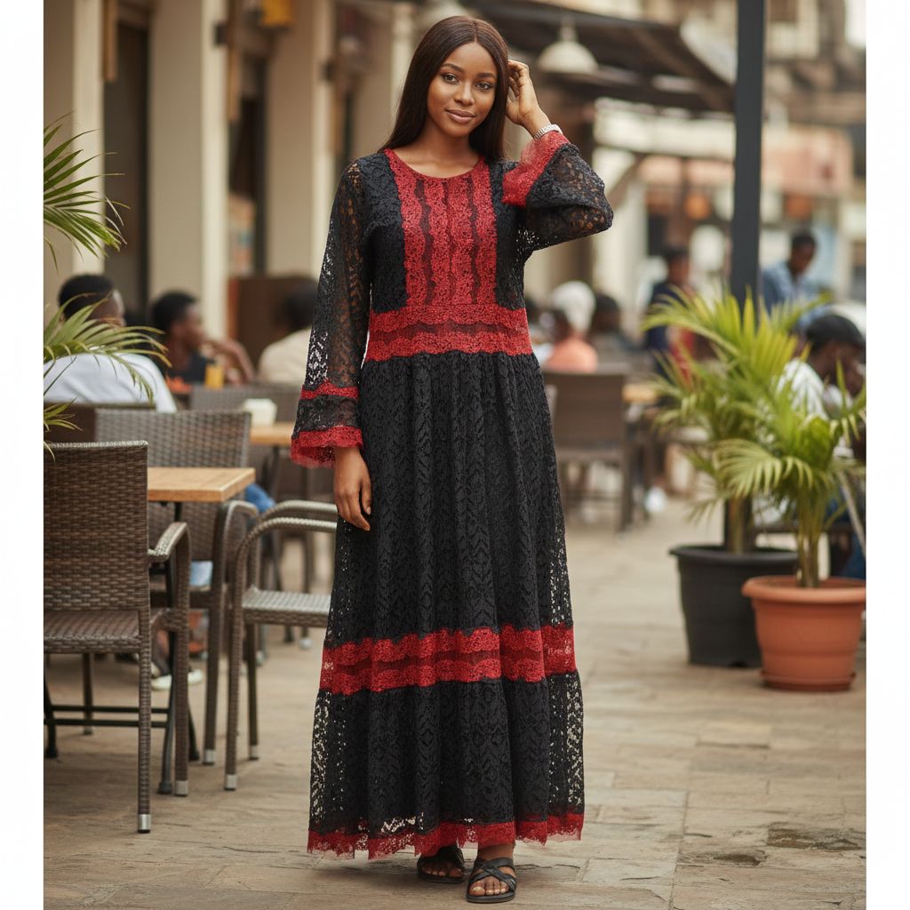 Robe femme dentelle noire rouge longue élégante soirée chic bohème