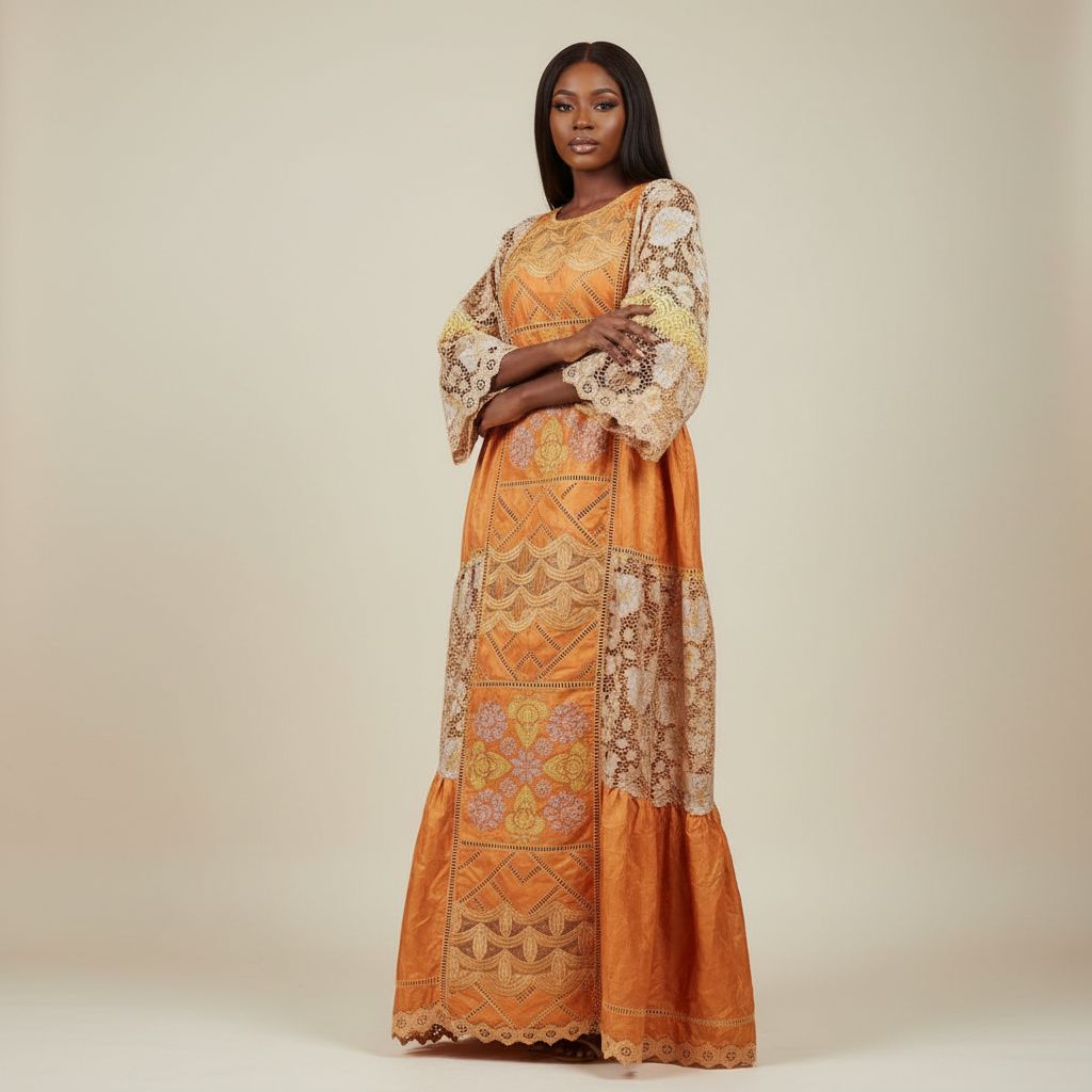 Robe Longue Femme Orange Cuivré Brodée avec Dentelle