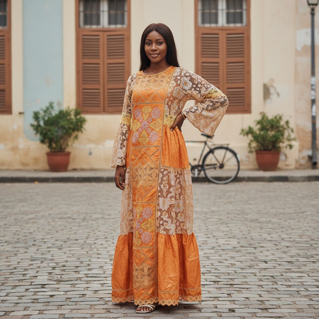 Robe Longue Femme Orange Cuivré Brodée avec Dentelle