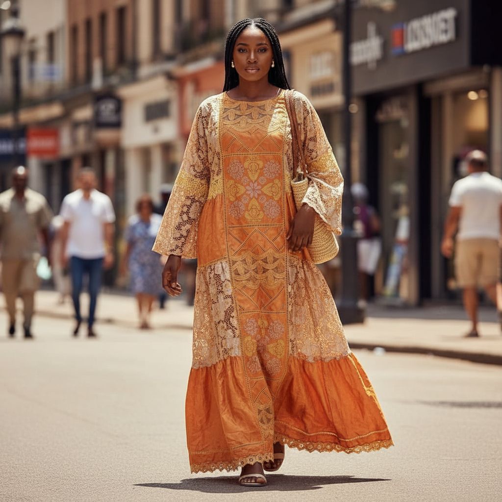 Robe Longue Femme Orange Cuivré Brodée avec Dentelle