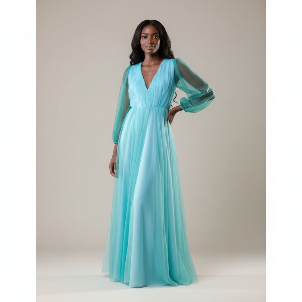 Robe Longue Femme Bleu Turquoise en Mousseline et Tulle