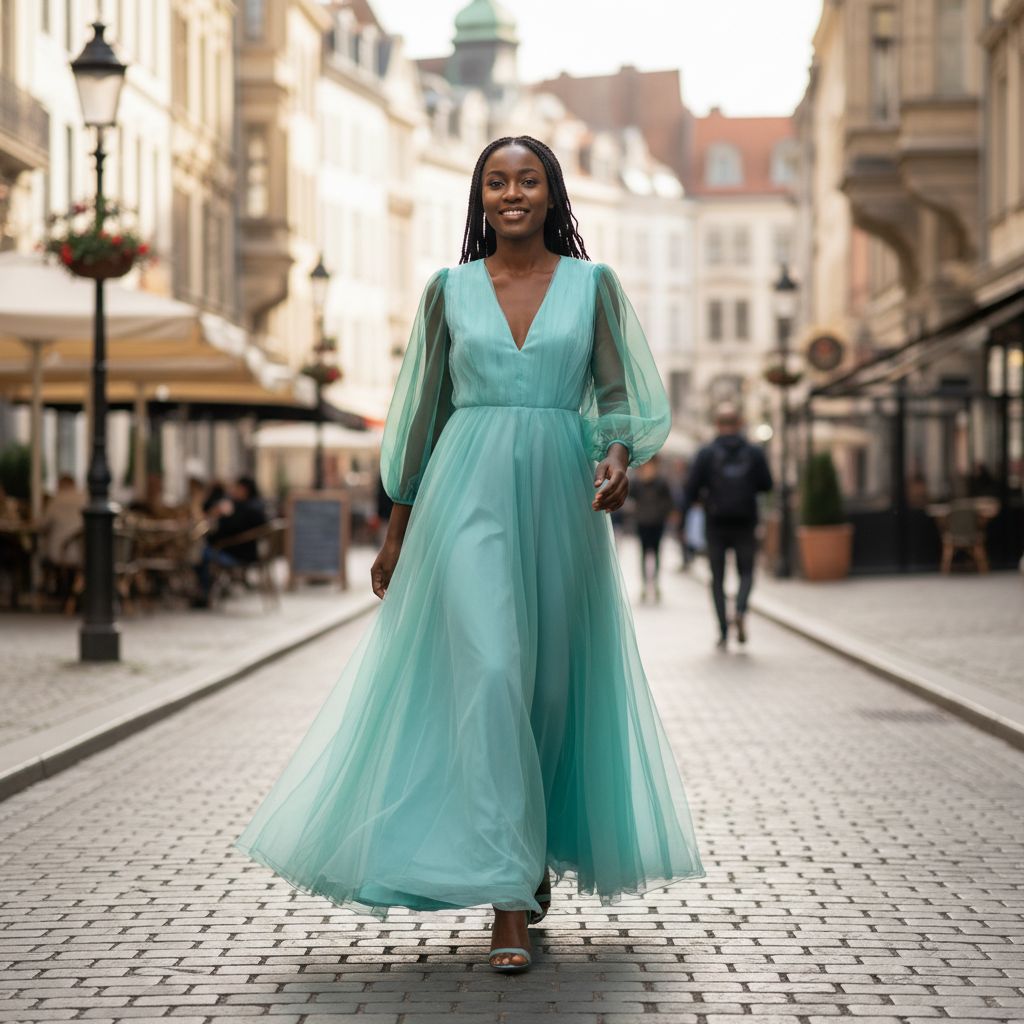 Robe Longue Femme Bleu Turquoise en Mousseline et Tulle