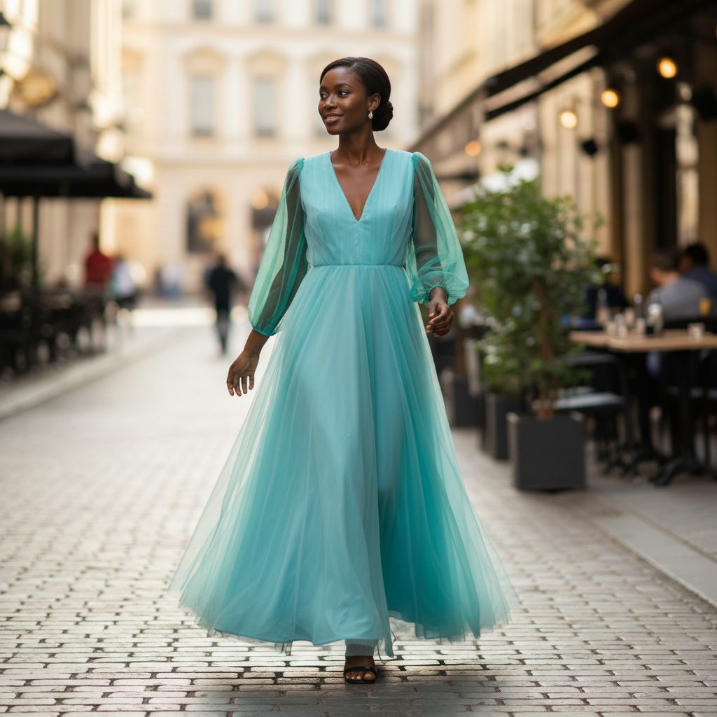 Robe Longue Femme Bleu Turquoise en Mousseline et Tulle