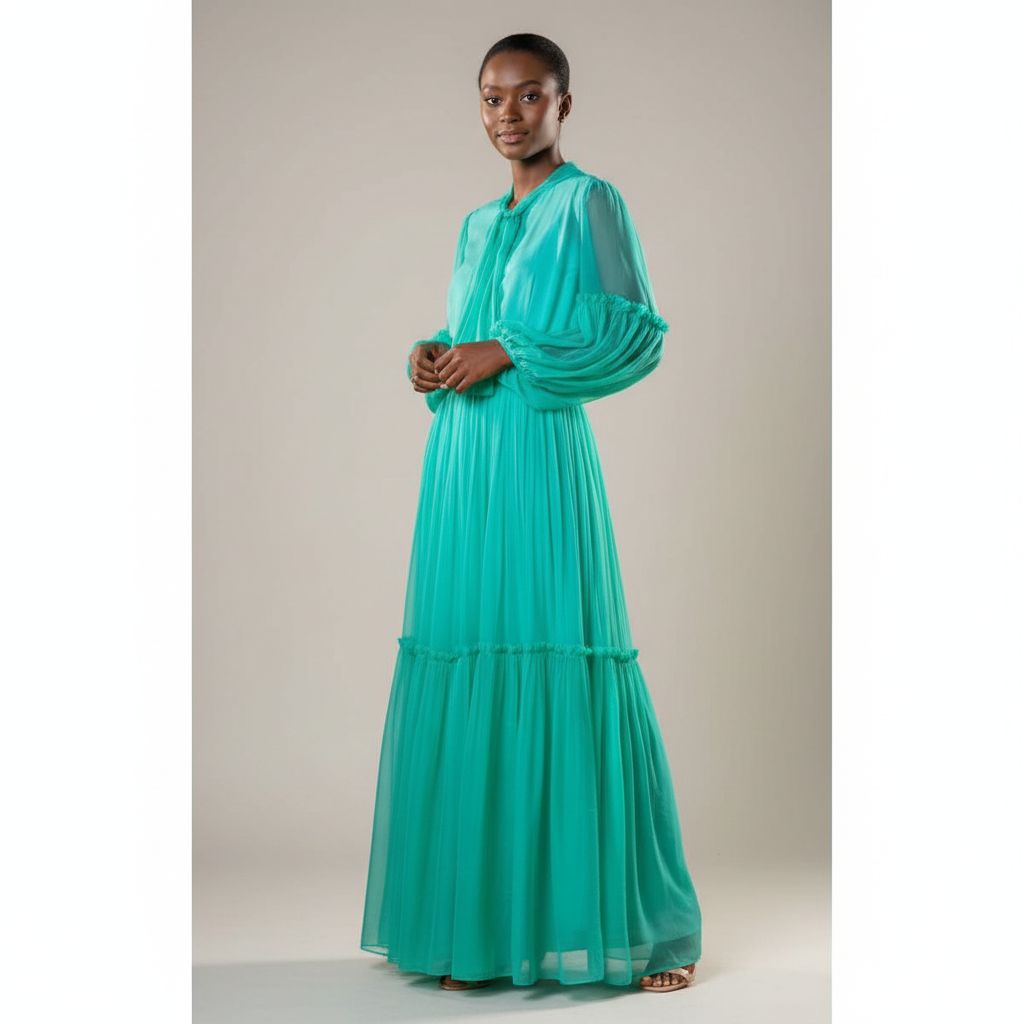 Robe femme mousseline longue élégante, fluide, manches transparentes, col nœud