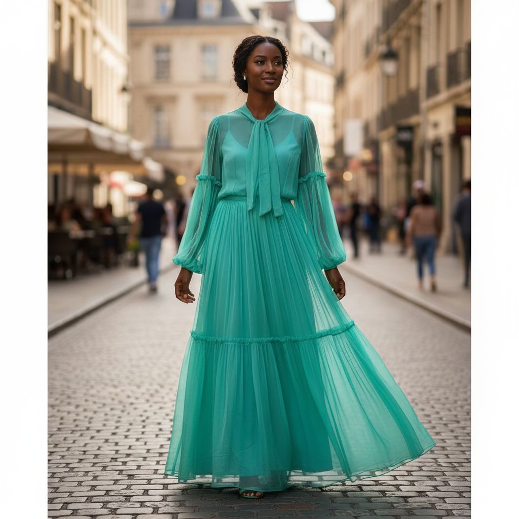 Robe femme mousseline longue élégante, fluide, manches transparentes, col nœud