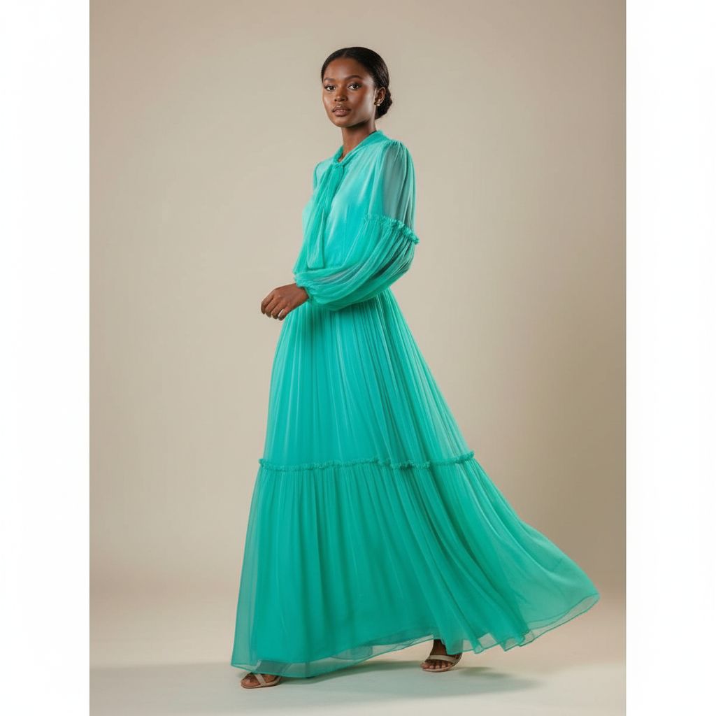 Robe femme mousseline longue élégante, fluide, manches transparentes, col nœud