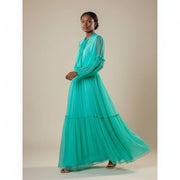 Robe femme mousseline longue élégante, fluide, manches transparentes, col nœud