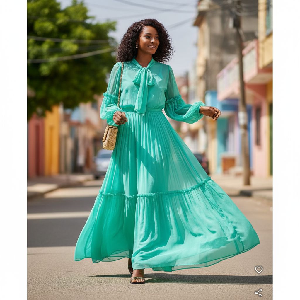Robe femme mousseline longue élégante, fluide, manches transparentes, col nœud