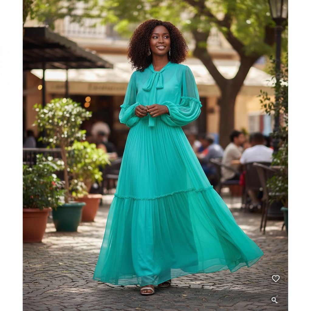 Robe femme mousseline longue élégante, fluide, manches transparentes, col nœud