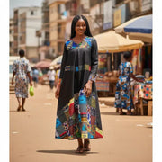 Robe femme wax en jean patchwork, longue bohème chic avec poches