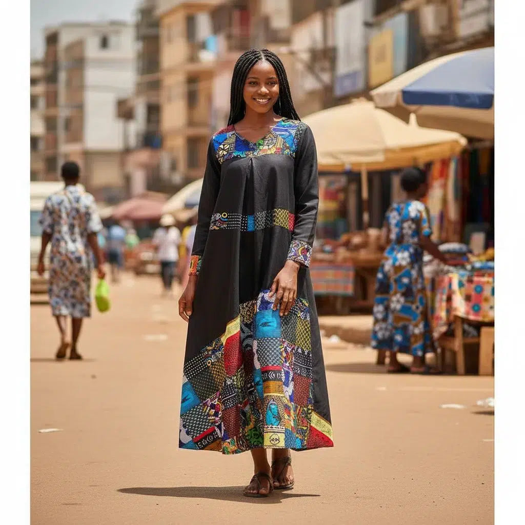 Robe femme wax en jean patchwork, longue bohème chic avec poches