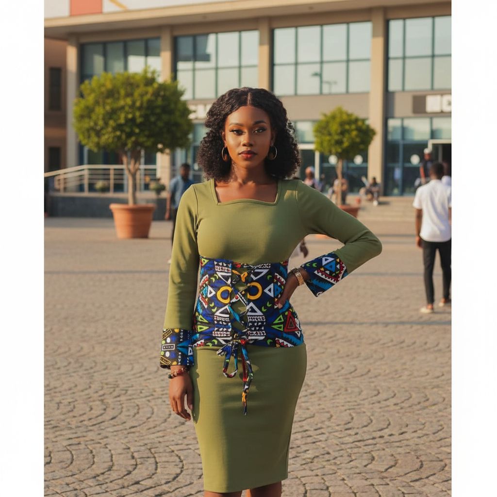 Robe femme wax verte ceinture et manches colorées, chic et élégante