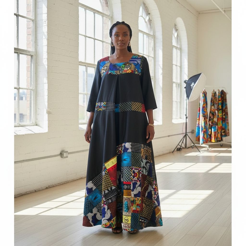 Robe femme wax en jean patchwork, longue bohème chic avec poches