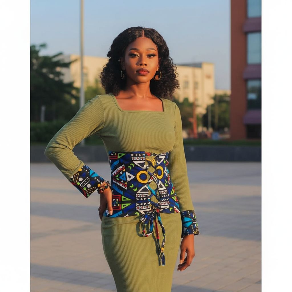 Robe femme wax verte ceinture et manches colorées, chic et élégante