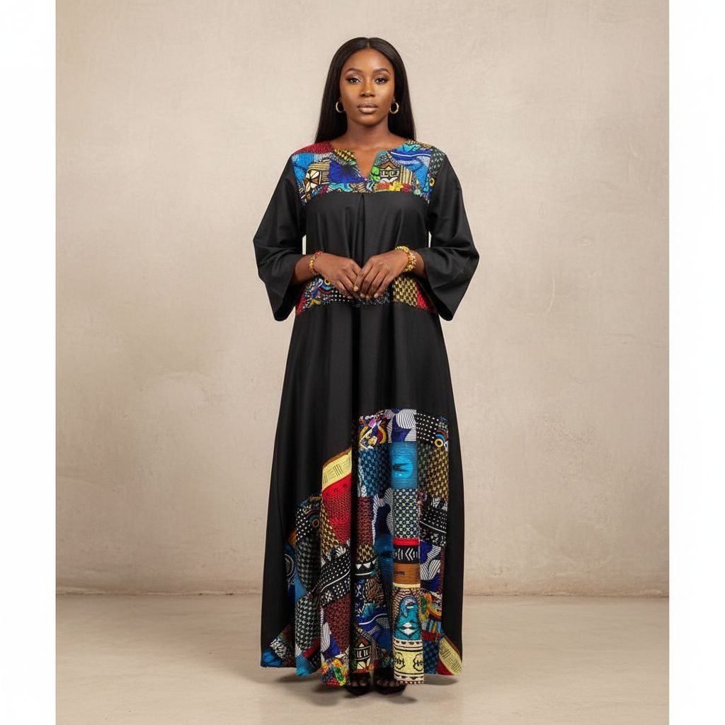 Robe femme wax en jean patchwork, longue bohème chic avec poches