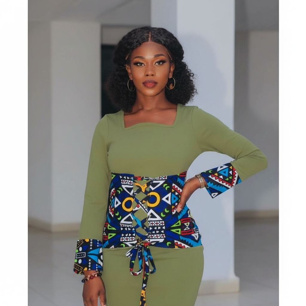 Robe femme wax verte ceinture et manches colorées, chic et élégante