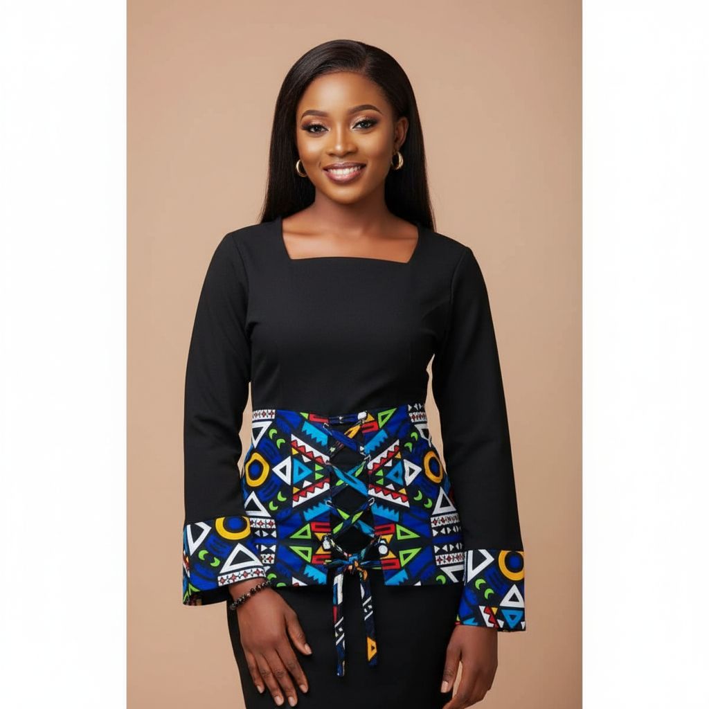 Robe femme wax noire chic, manches évasées et ceinture imprimé africain