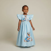 Robe fille 3 ans bleue satinée, manches bouffantes, imprimé chien élégant