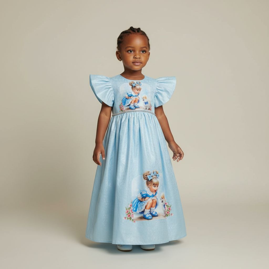 Robe fille 3 ans bleue satinée, manches bouffantes, imprimé chien élégant