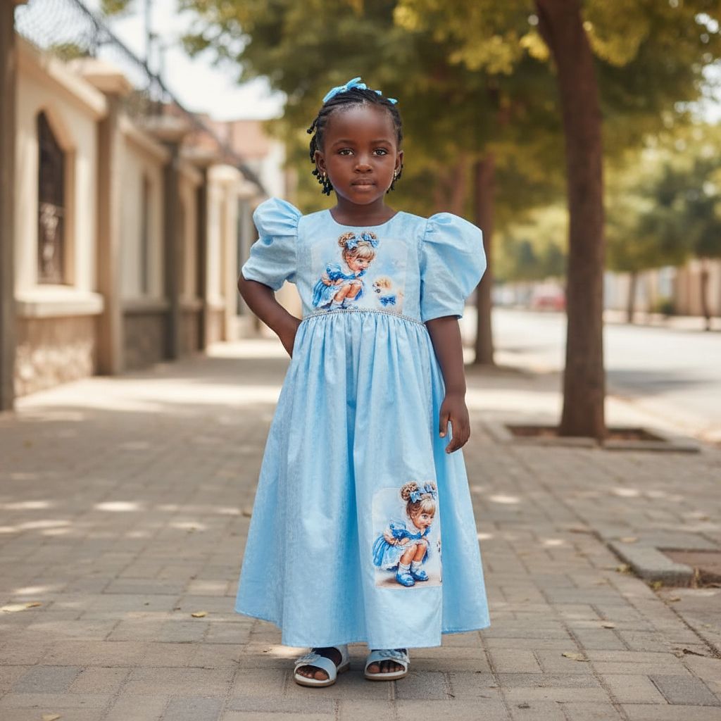 Robe fille 3 ans bleue satinée, manches bouffantes, imprimé chien élégant