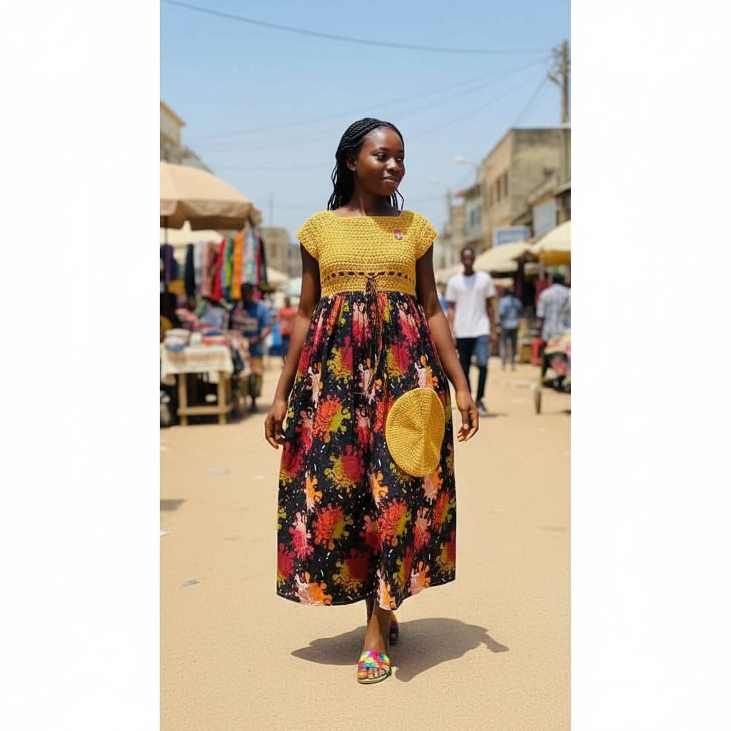 Robe fille wax évasée fait main en maille et pagne, chic avec sac assorti