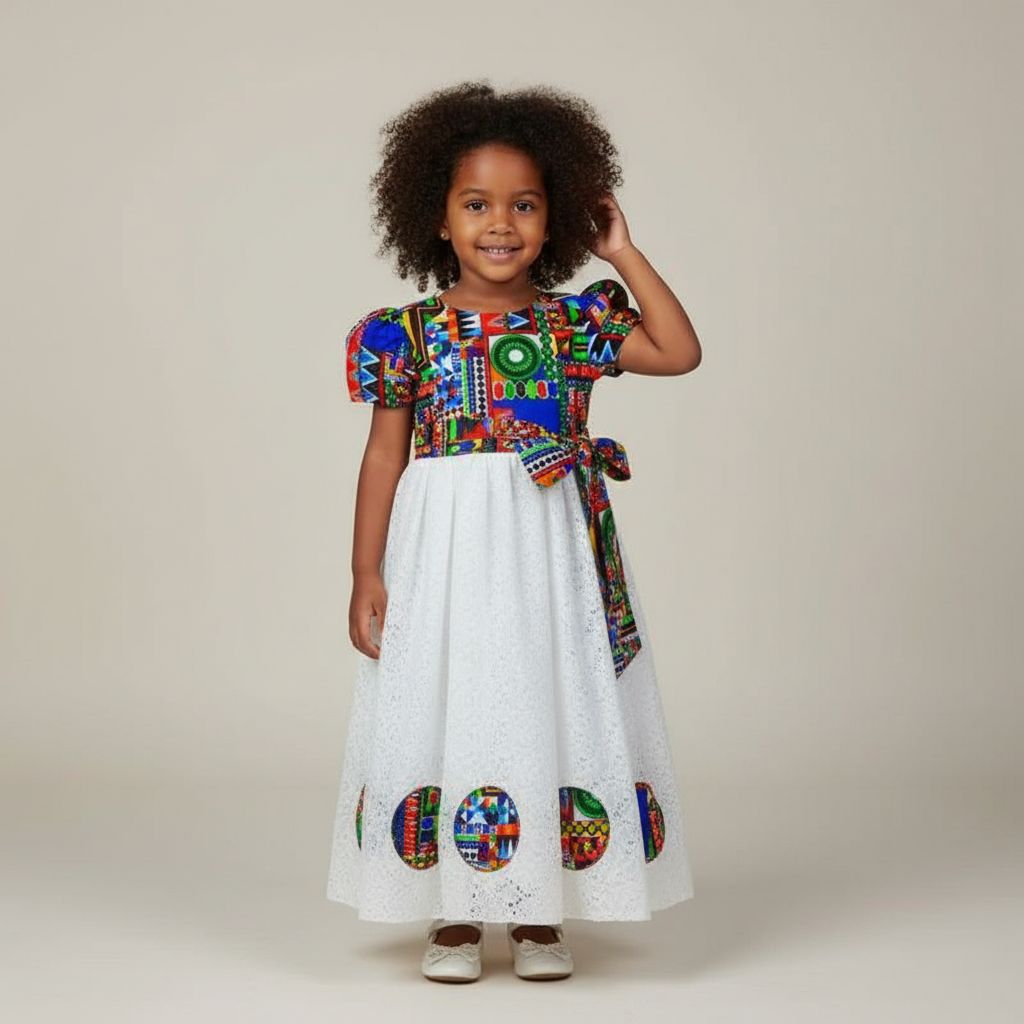 Robe fillette wax dentelle festive, robe africaine enfant fille 3 ans