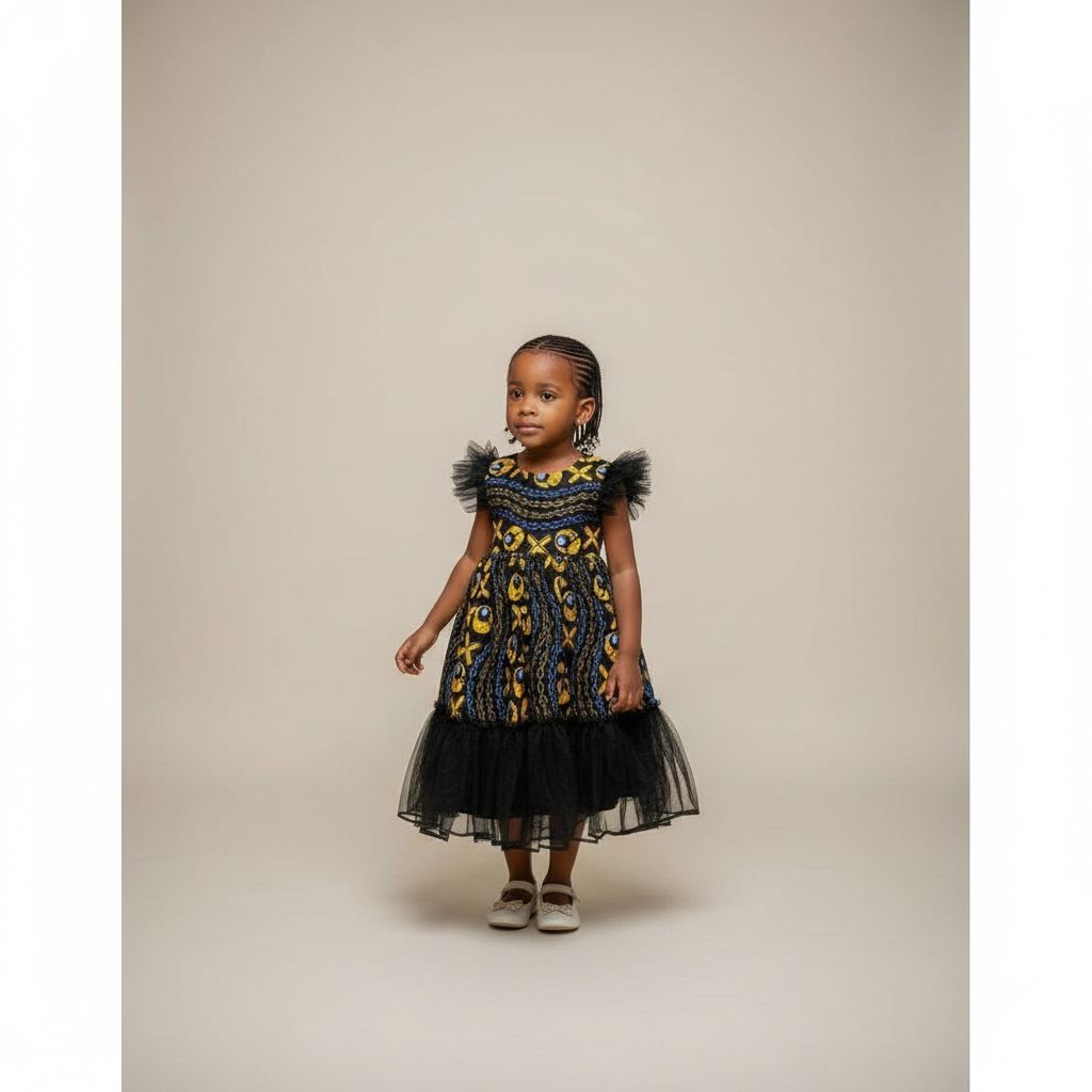 Robe fillette wax noire et jaune, chic cérémonie, motifs africains élégants