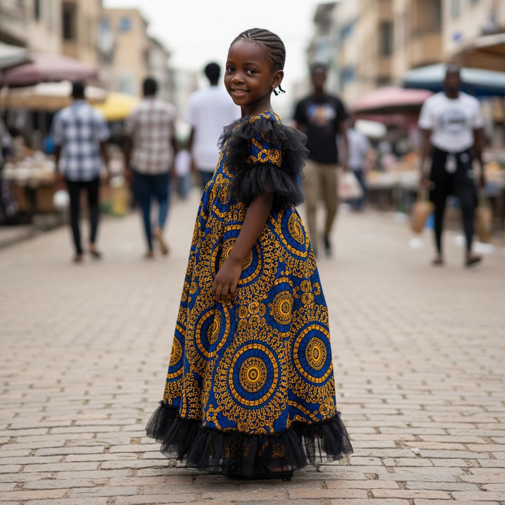 Robe fillette wax noire et jaune, chic cérémonie, motifs africains élégants