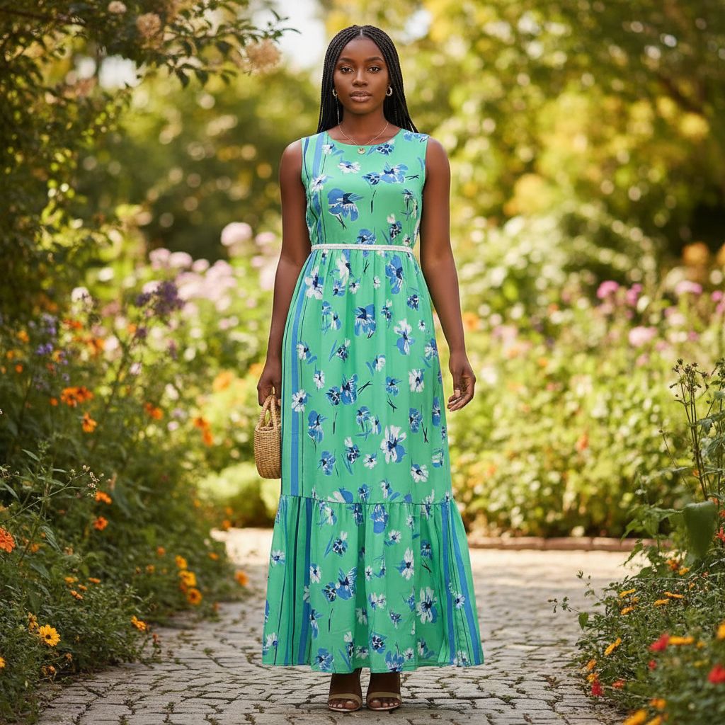Robe fleurie verte longue ceinturée, élégante et fluide été grande taille