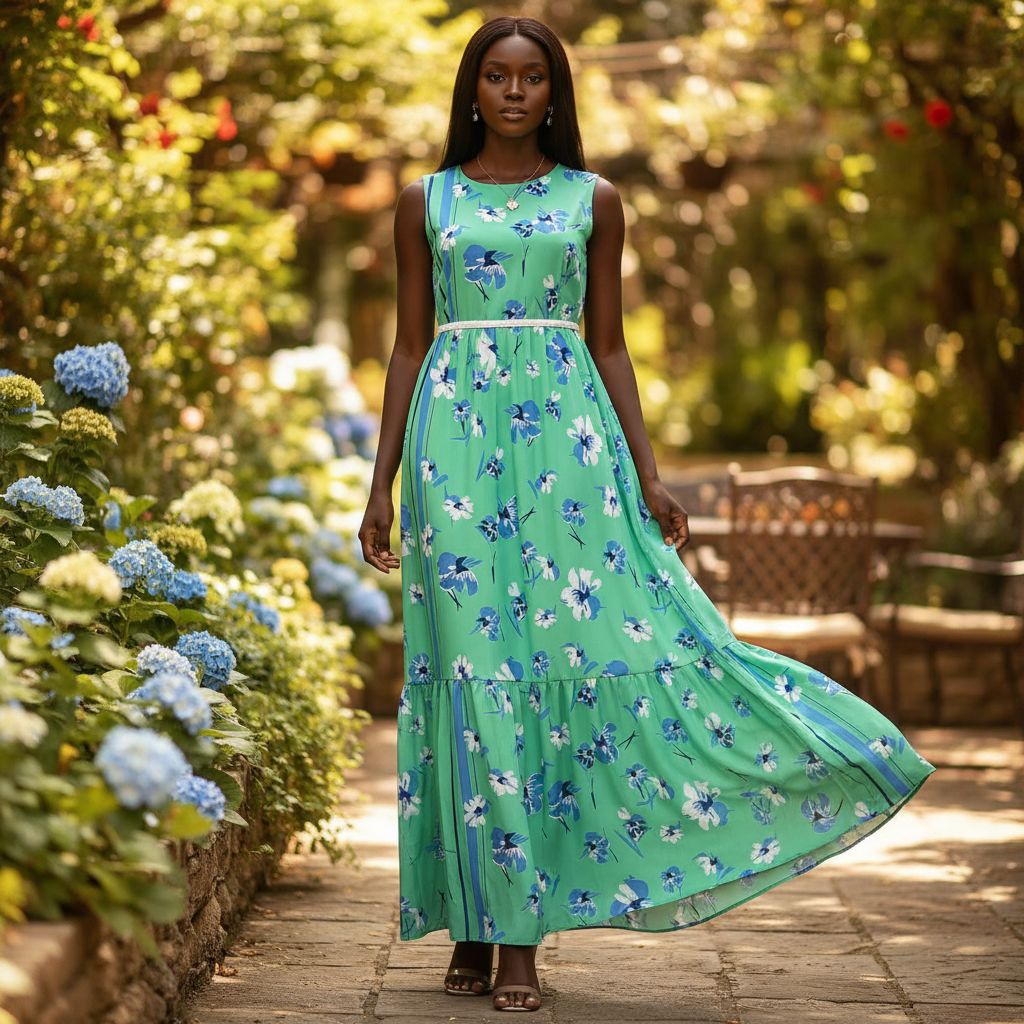 Robe fleurie verte longue ceinturée, élégante et fluide été grande taille