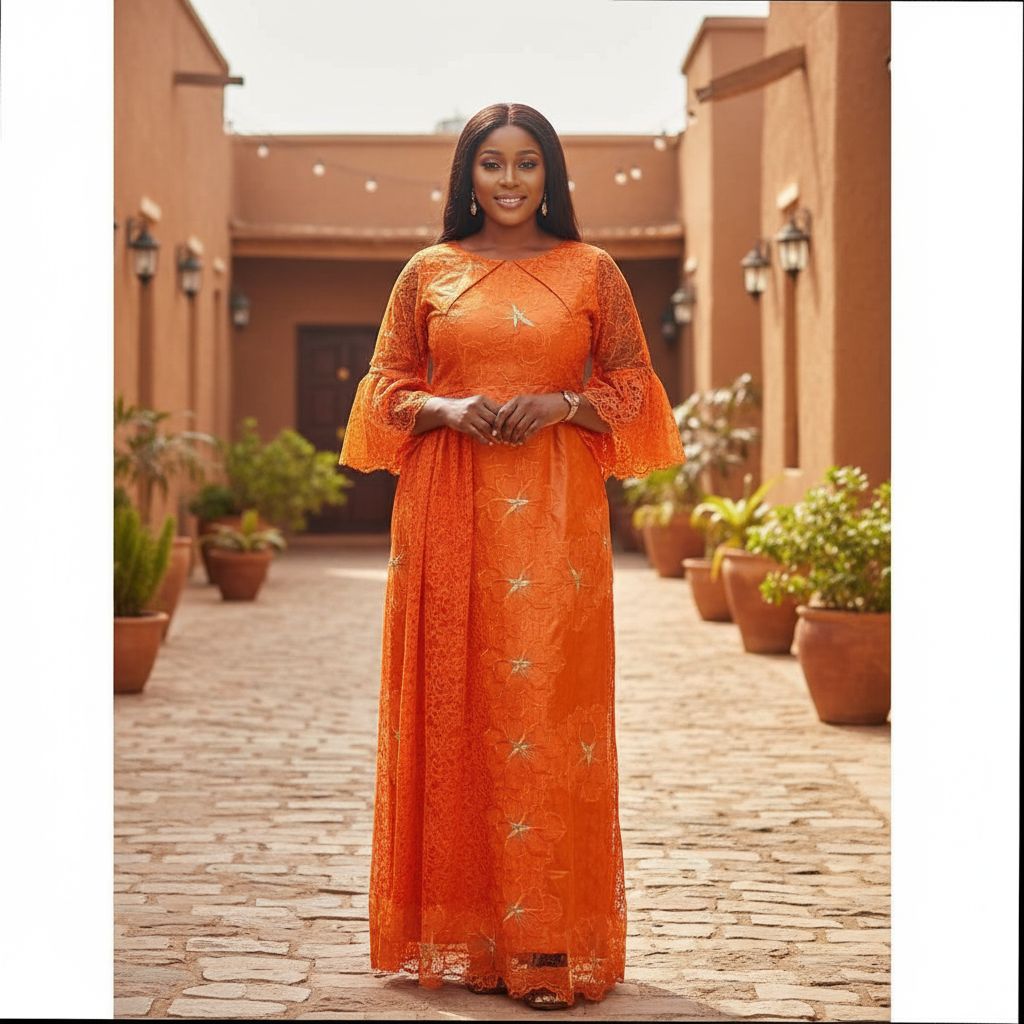 Robe geztner dentelle orange longue élégante, cérémonie et soirée femme