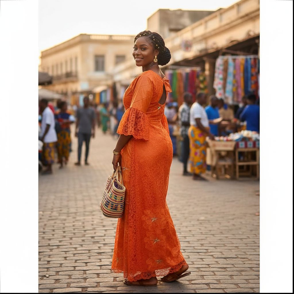 Robe geztner dentelle orange longue élégante, cérémonie et soirée femme