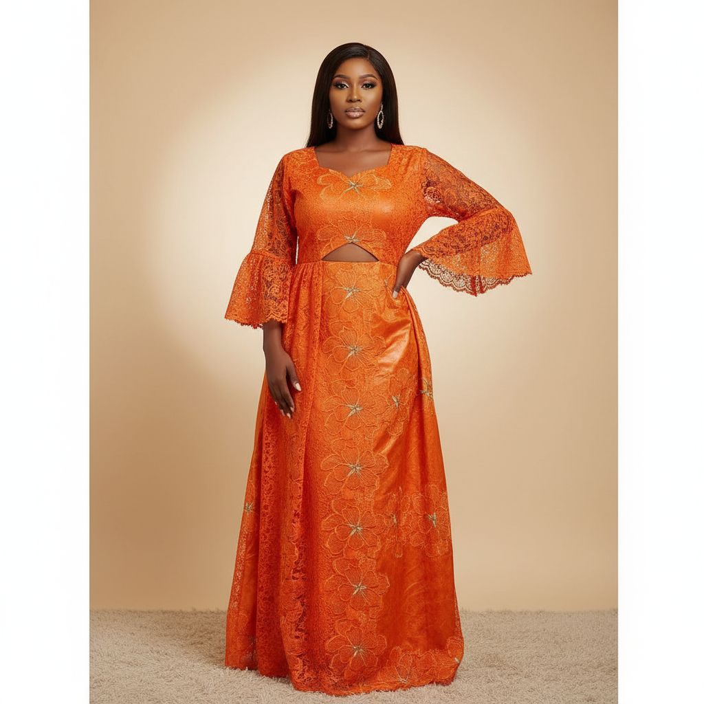 Robe geztner dentelle orange longue élégante, cérémonie et soirée femme