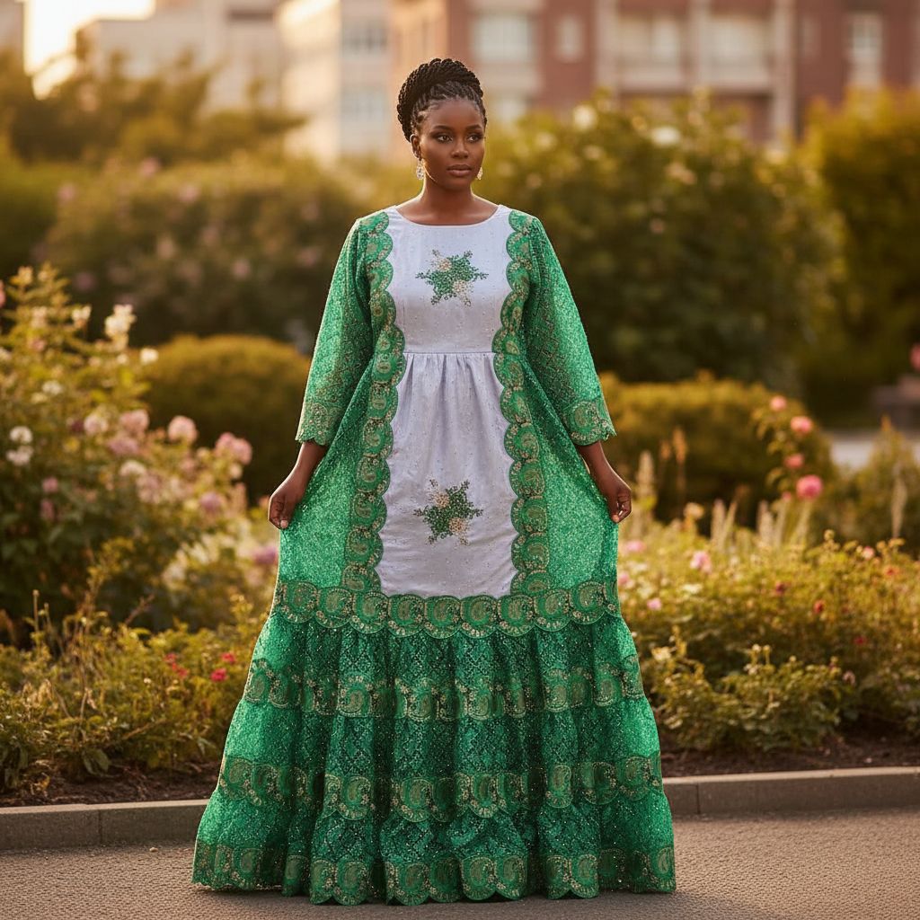 Robe Geztner femme grise et verte dorée, longue élégante dentelle cérémonie