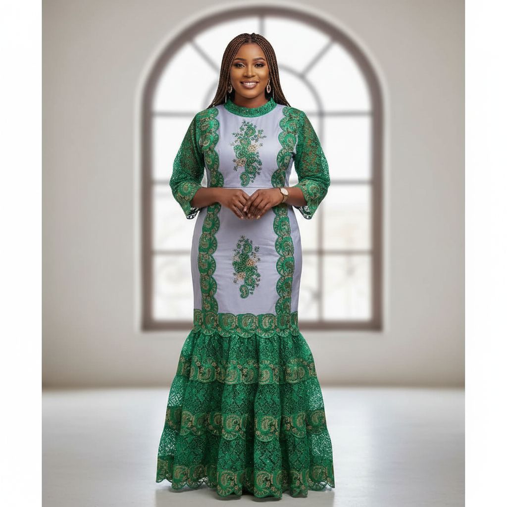 Robe Geztner femme grise et verte dorée, longue élégante dentelle cérémonie